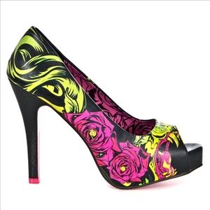 Iron Fist Black Neon Yellow Pink Floral Platform Peep-Toe Heels
